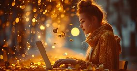 Frau sitzt am Laptop und goldener Glitter fällt